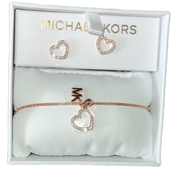 MICHAEL KORS Rose Gold Crystal Heart Logo Slider Bracelet Stud Earring Boxed Set - Picture 10 of 10